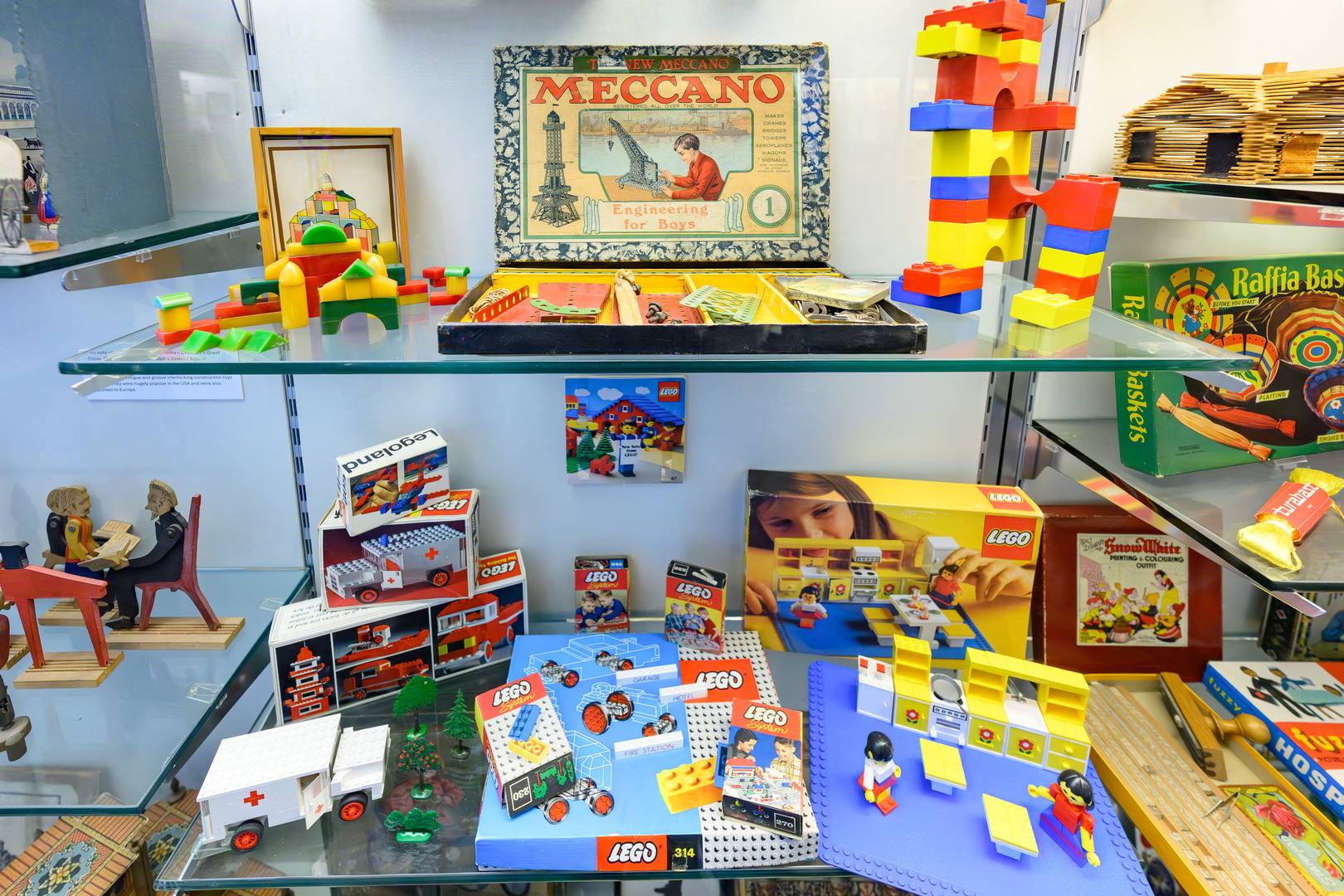Some building toys including an early version of LEGO.