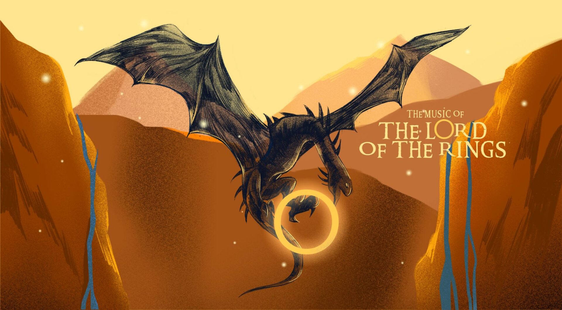 Cartoon type image of a large grey dragon carrying a gold ring, flying over a mountain ridge.
