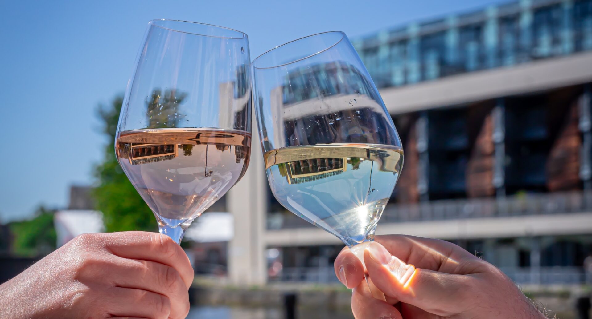 Close-up of 2 hands clinking glasses.