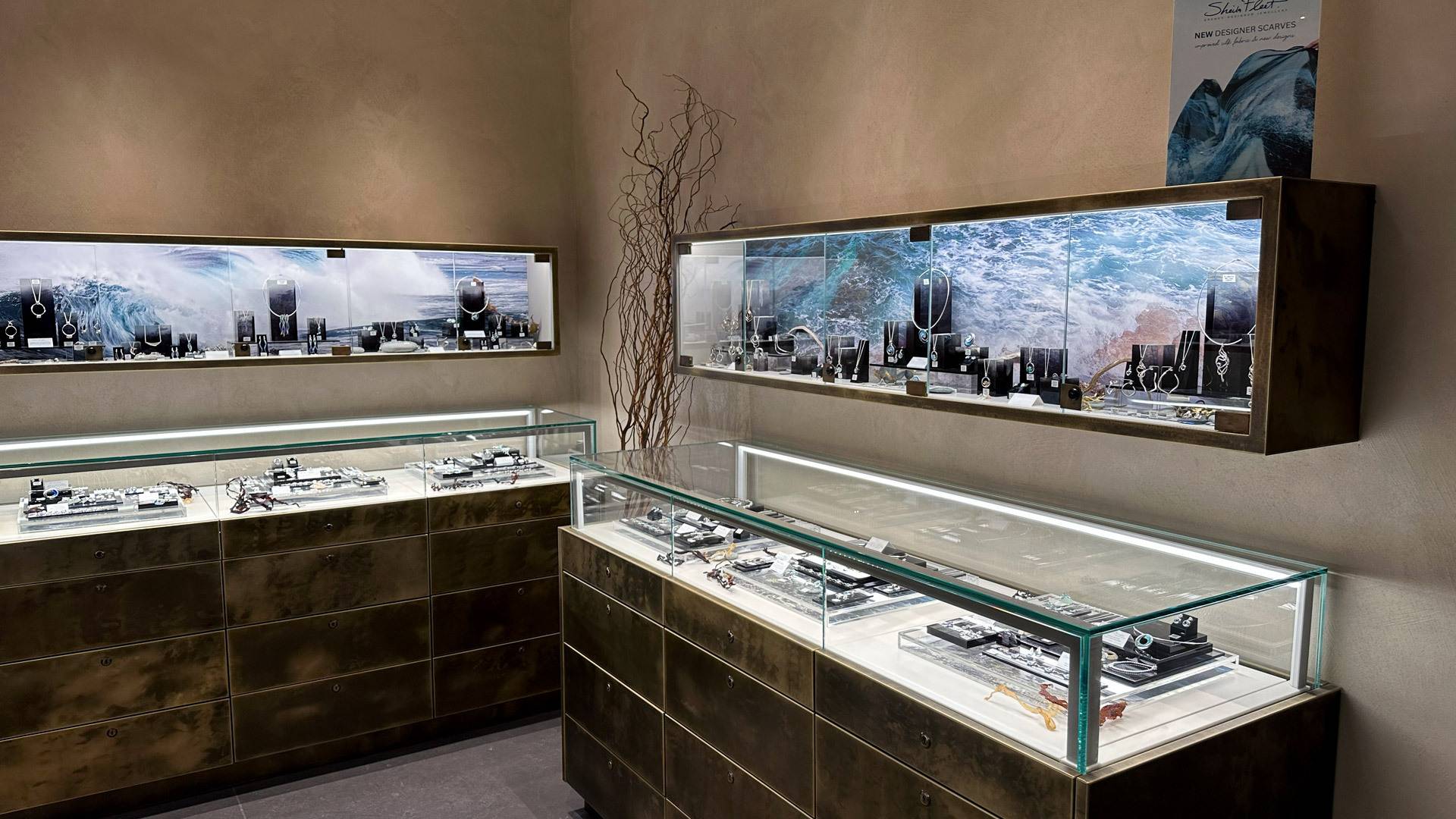 Jewellery on display downstairs at Sheila Fleet Edinburgh.
