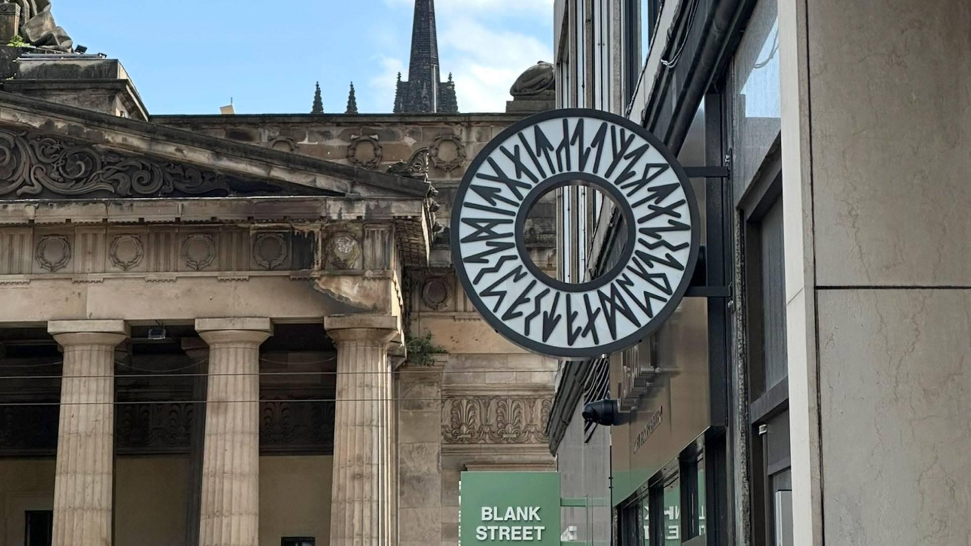 Iconic Sheila Fleet Runic Iris design on the exterior of Sheila Fleet Edinburgh.