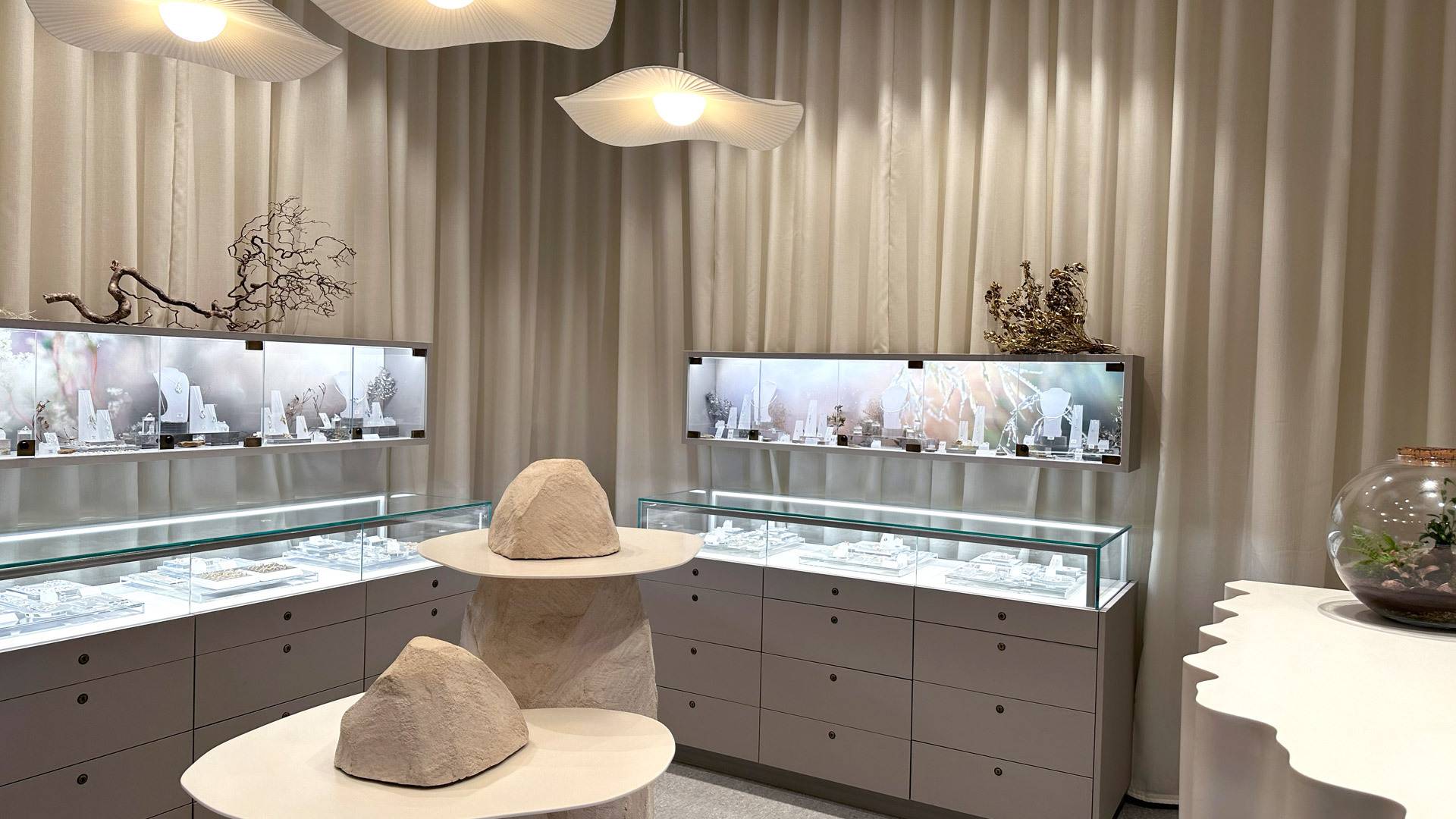 Jewellery on display upstaris at Sheila Fleet Edinburgh.