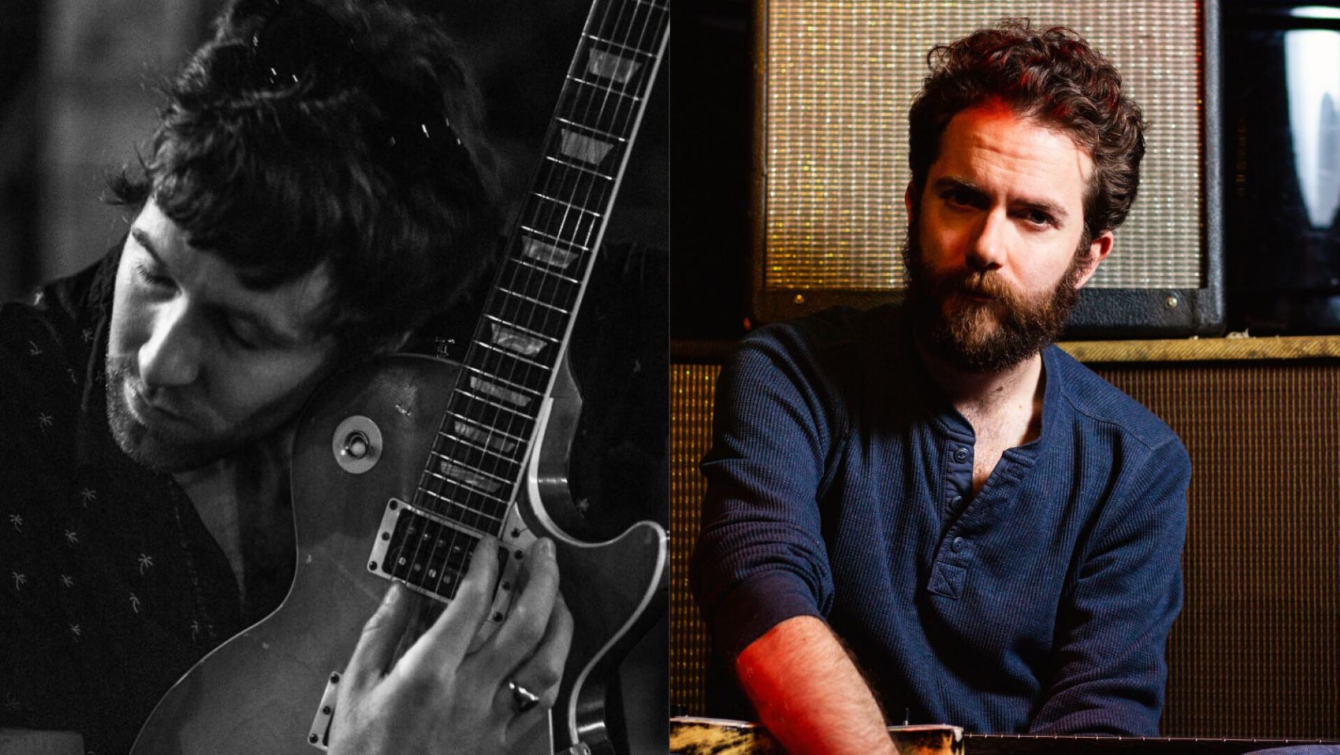 Split image containing a black and white image of a man leaning against a guitar, and a man with a beard and wearing a blue shirt looking at camera.