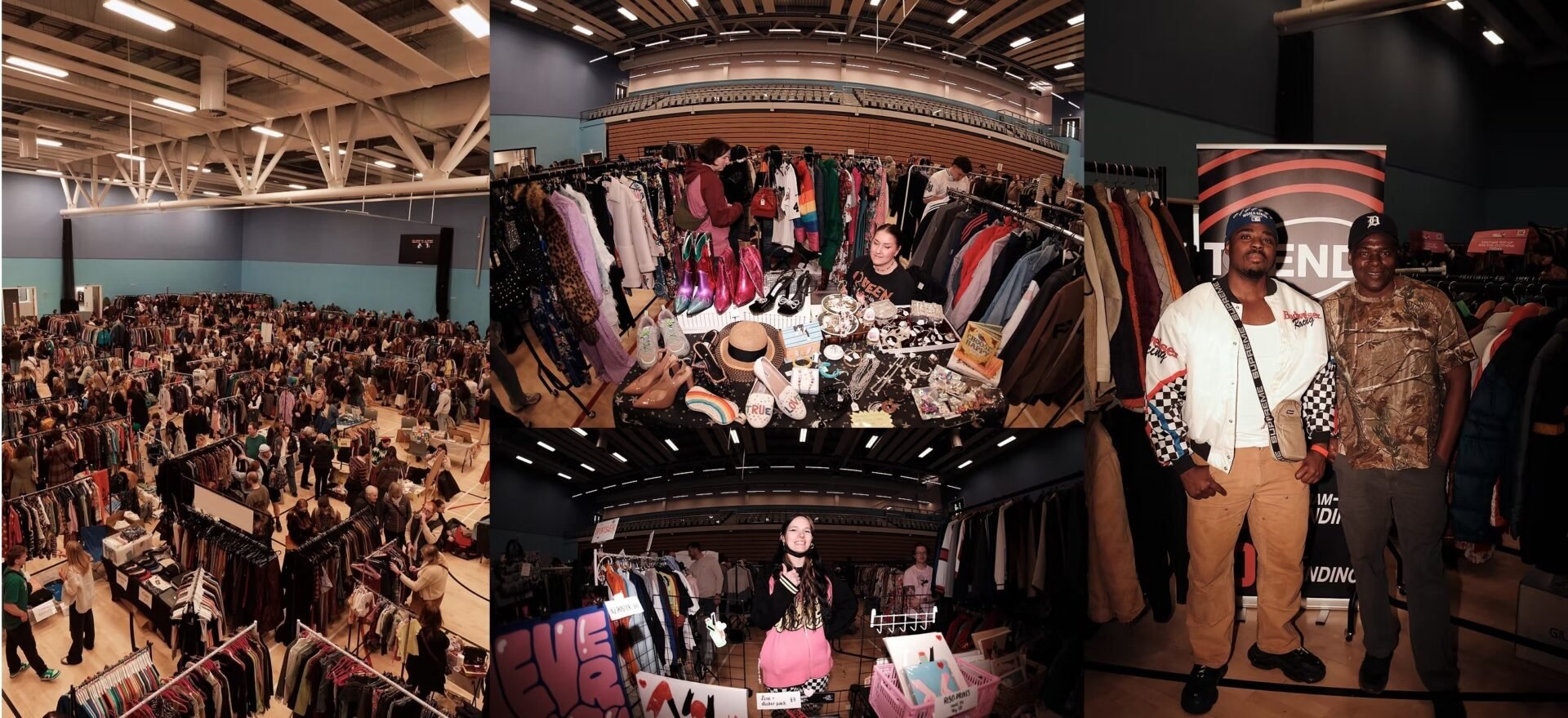 Three photo collage of clothes stalls 