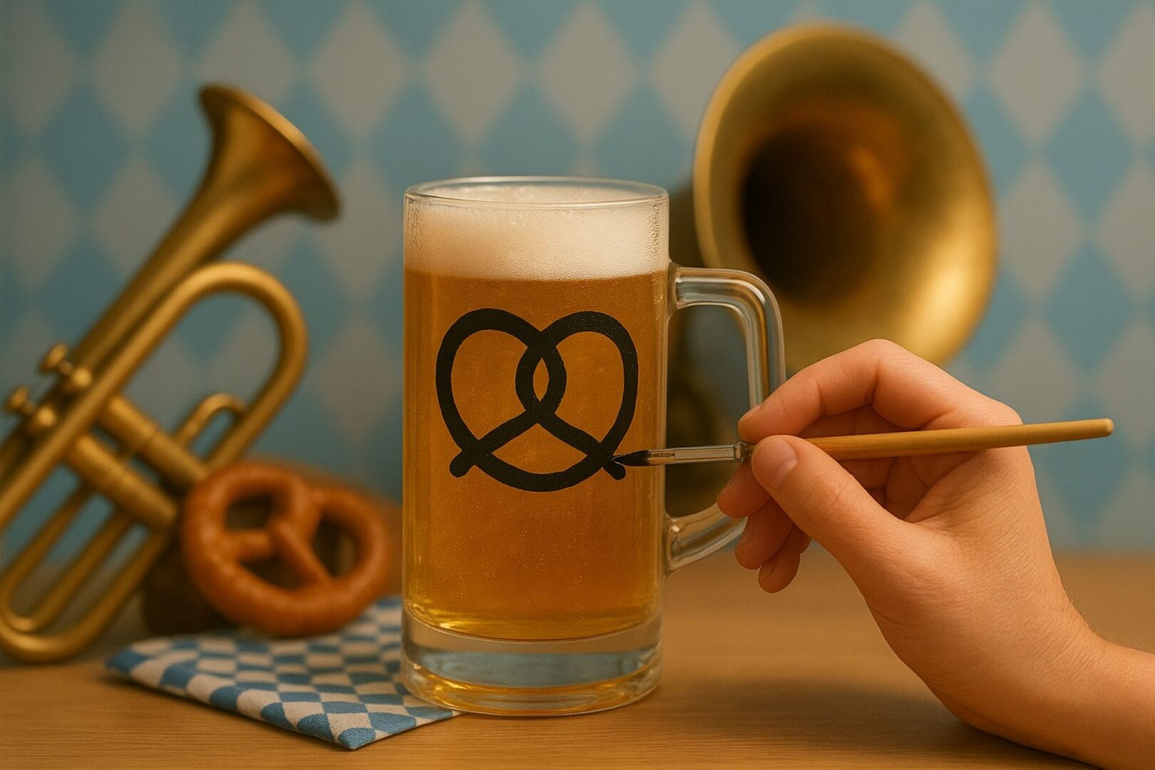 Close-up of beer glass, with a hand painting on it. In the background are a pretzel and trumpet.