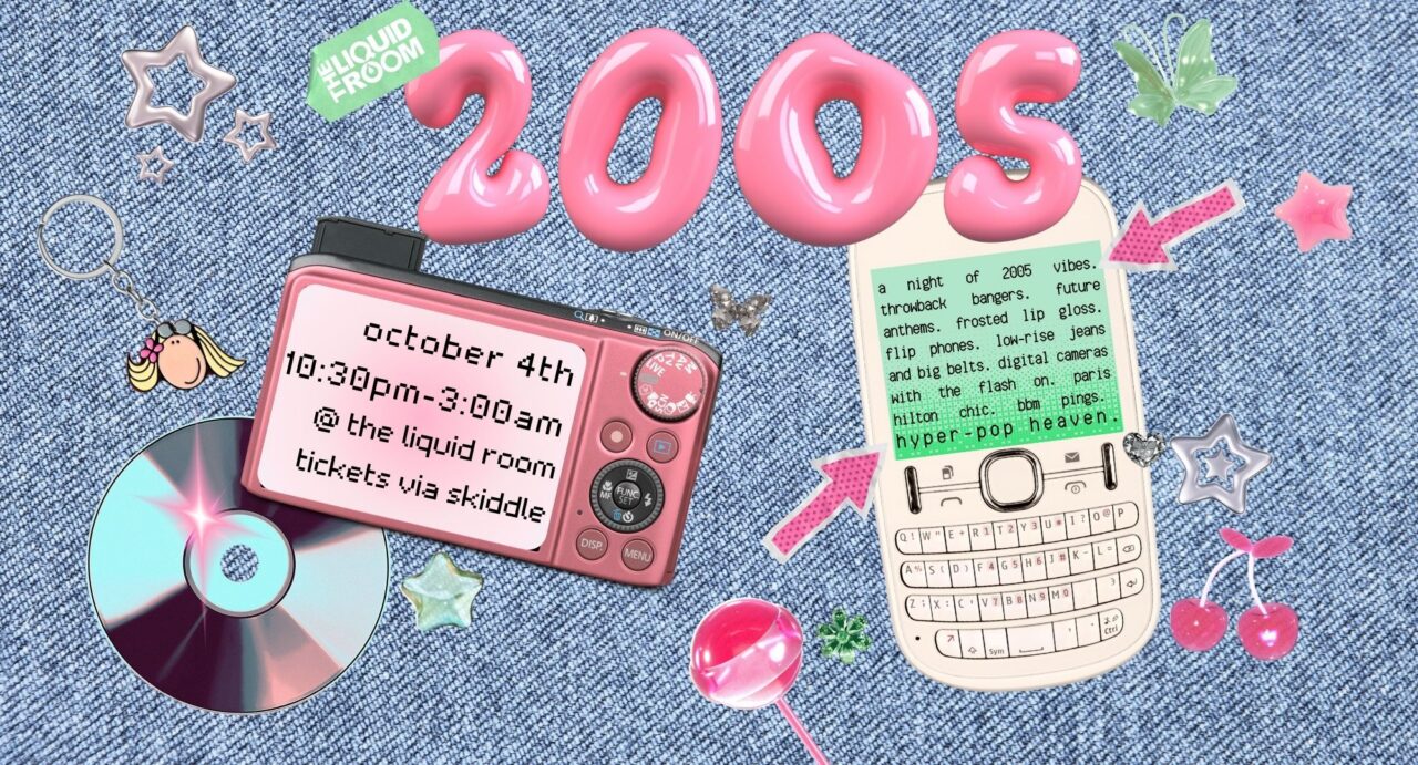 Blue and pink poster, with Blackberry mobile, CD and digital camera.