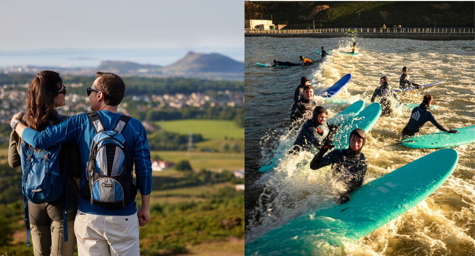 Two images with half screen for both. One with a couple on the pentlands looking to Edinburgh skyline. The second half of images is people learning to surf at Lost Shore Surfing Resort.