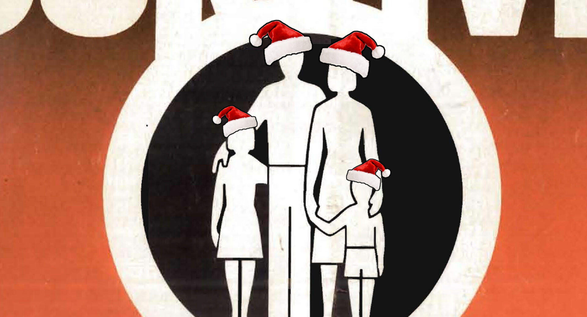 Cartoon image of silhouettes of 2 adults and 2 children, all wearing red and white Santa hats.