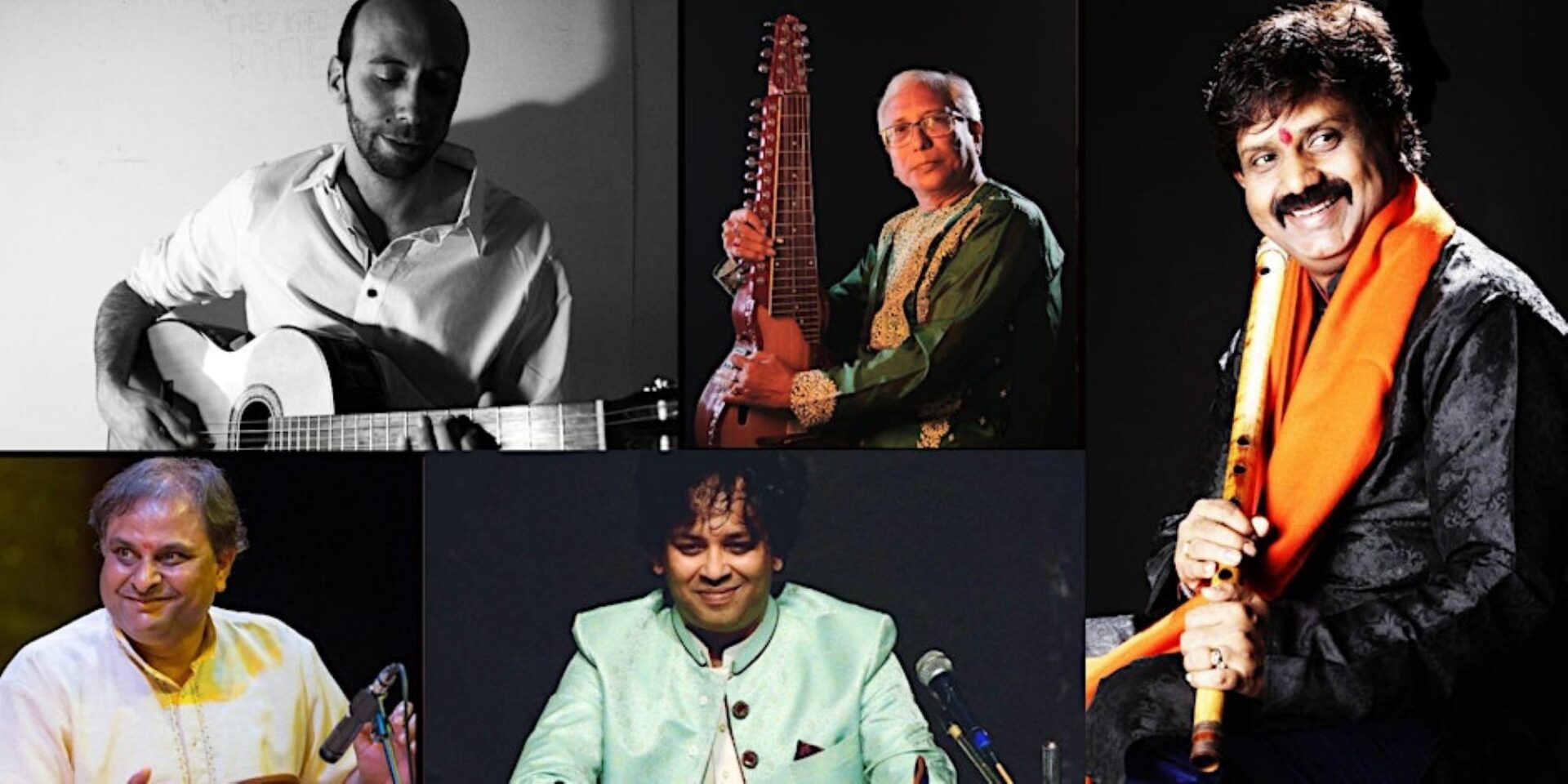 A montage of 5 images of men, some of whom are holding instruments.