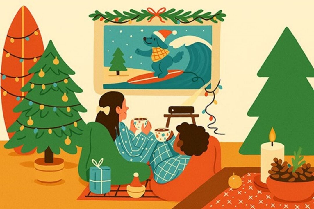 Cartoon image of 2 people indoors watching a film of a dog surfing.