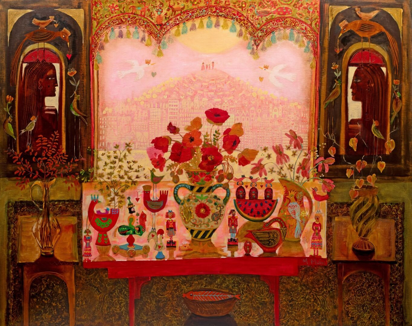 Painting in reds and browns of a vase of flowers sitting on a table, in front of an open window,