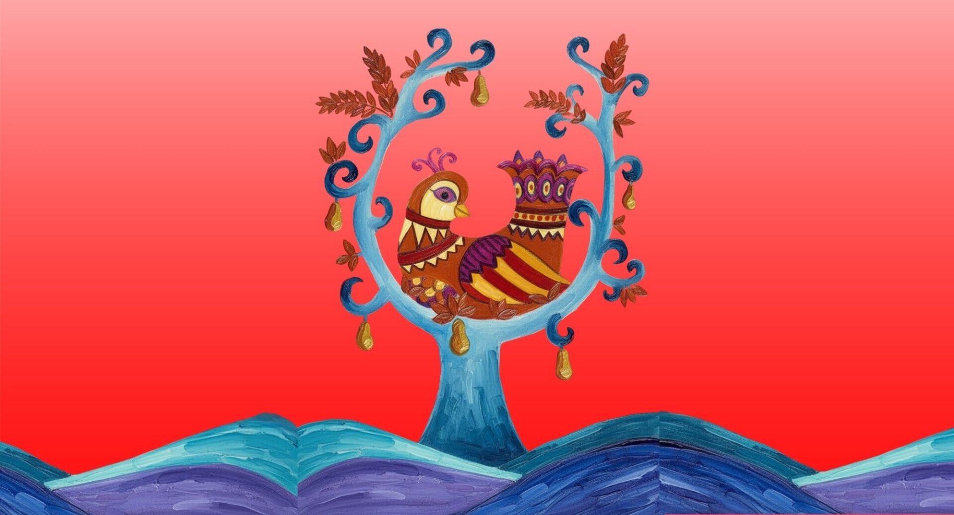 Painted image of a brightly coloured bird sitting in a blue tree.