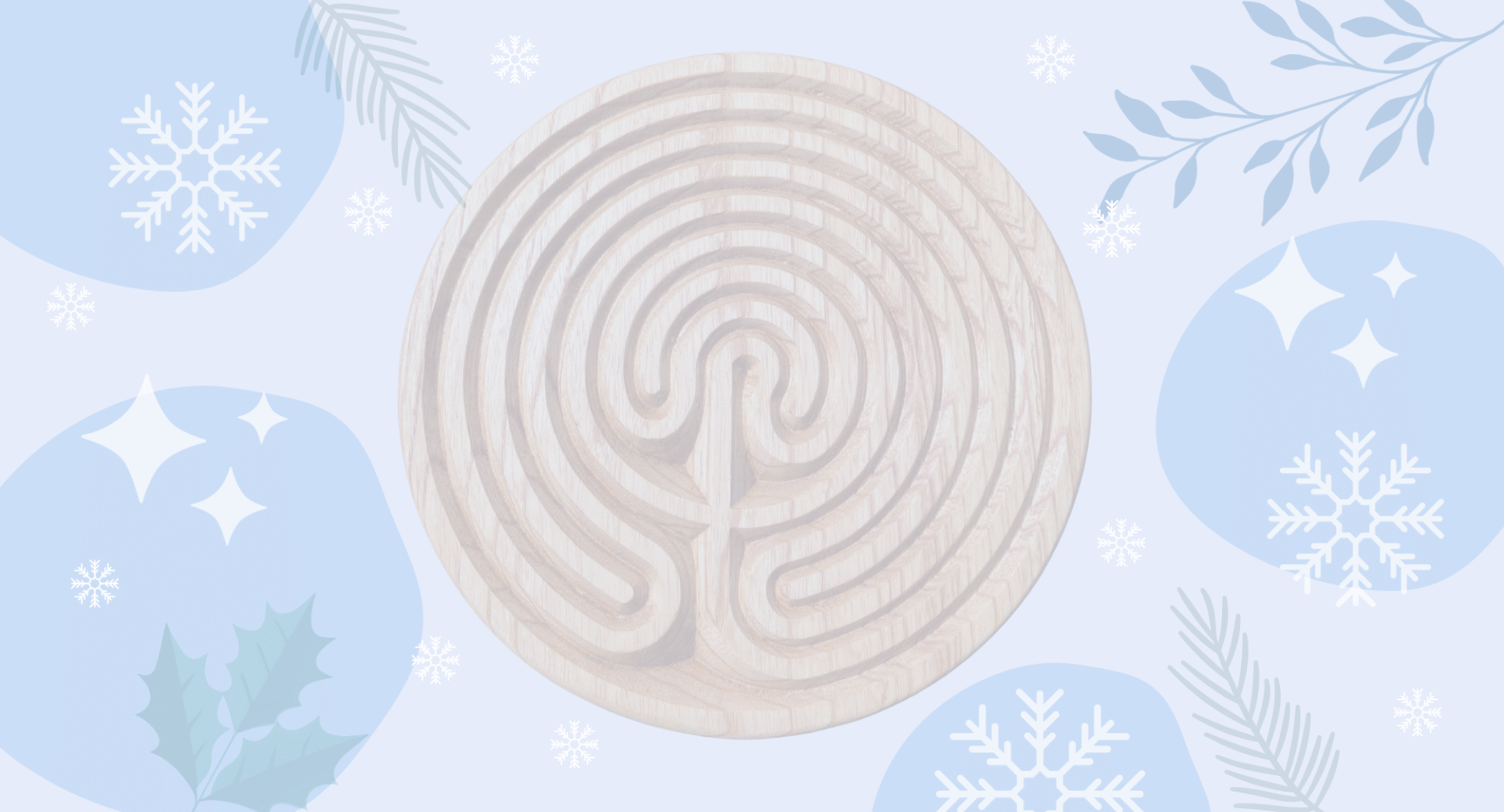 Swirling circle, surrounded by snowflakes and plant leaves.