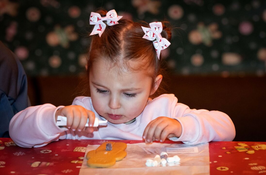 Young girl decorating a gingerbread biscuit.