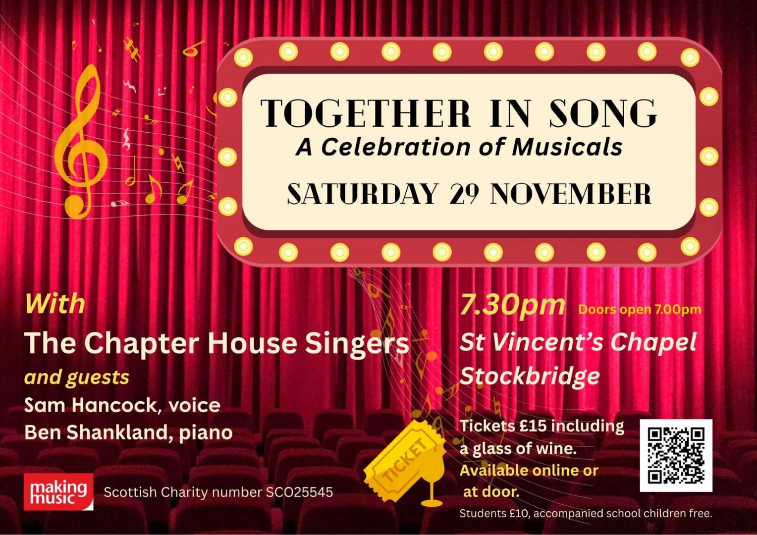 Poster in red and gold advertising Together in song - A celebration of Musicals.