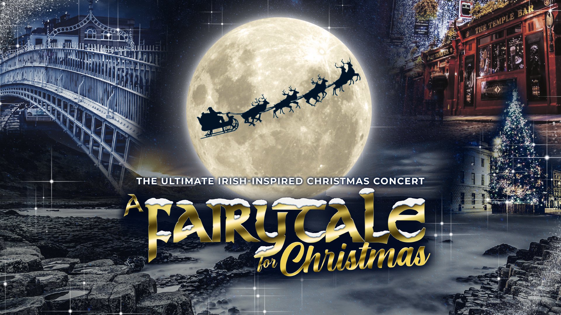 A poster image with a sleigh and reindeer flying across a moonlit sky.