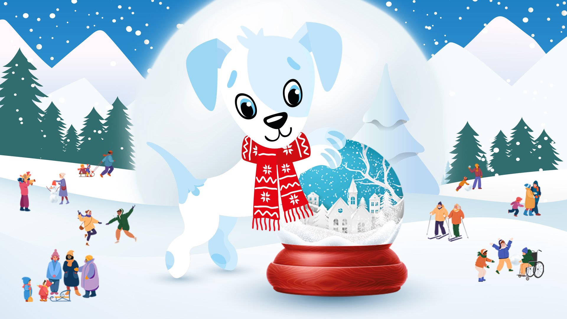 Cartoon image of a white dog wearing a red and white scarf leaning against a snow globe.