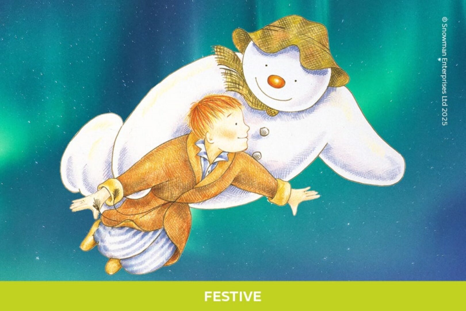 Cartoon of a young boy wearing pjs and a dressing gown, and a snowman flying through the air.