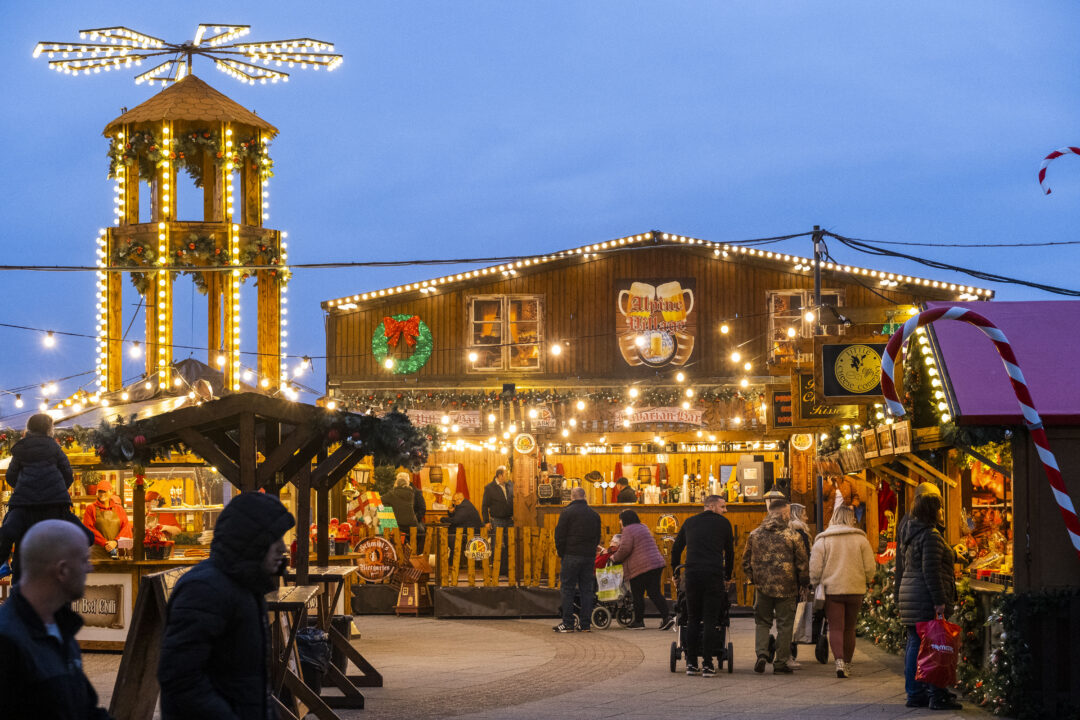 A Christmas market with lights