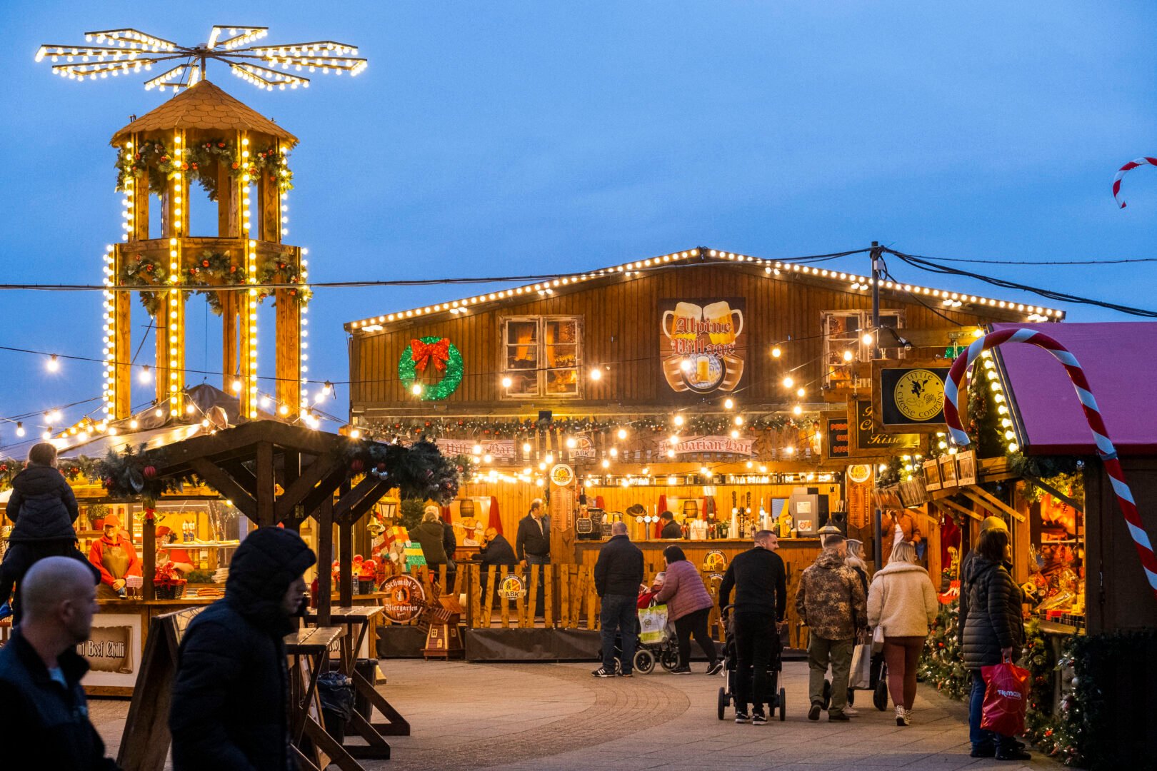 A Christmas market with lights