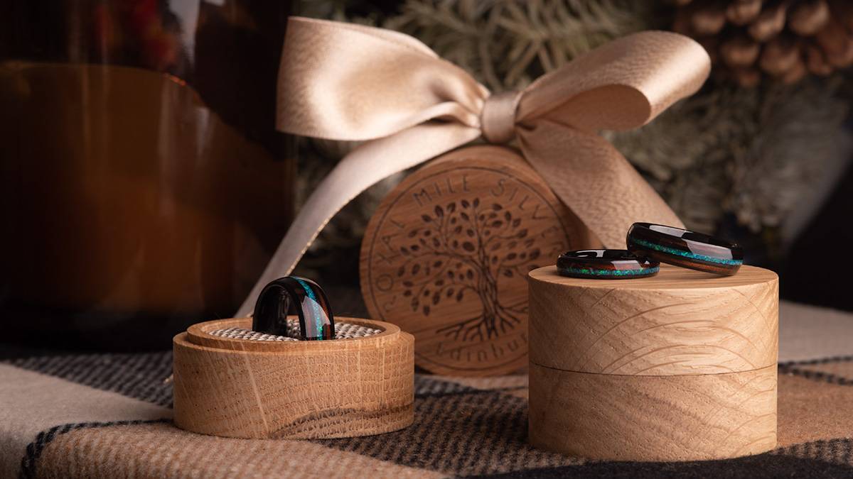 Tungsten, Koa wood and Opal rings in Royal Mile Silver Gift Boxes