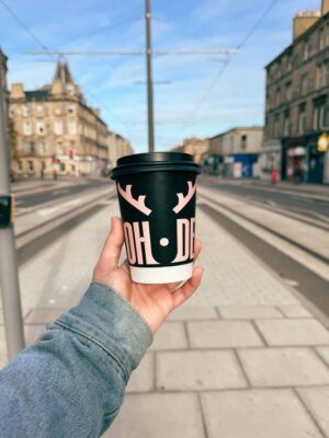 Oh Deer’s takeaway cup with views over Leith Walk — the perfect grab-and-go start to the morning.