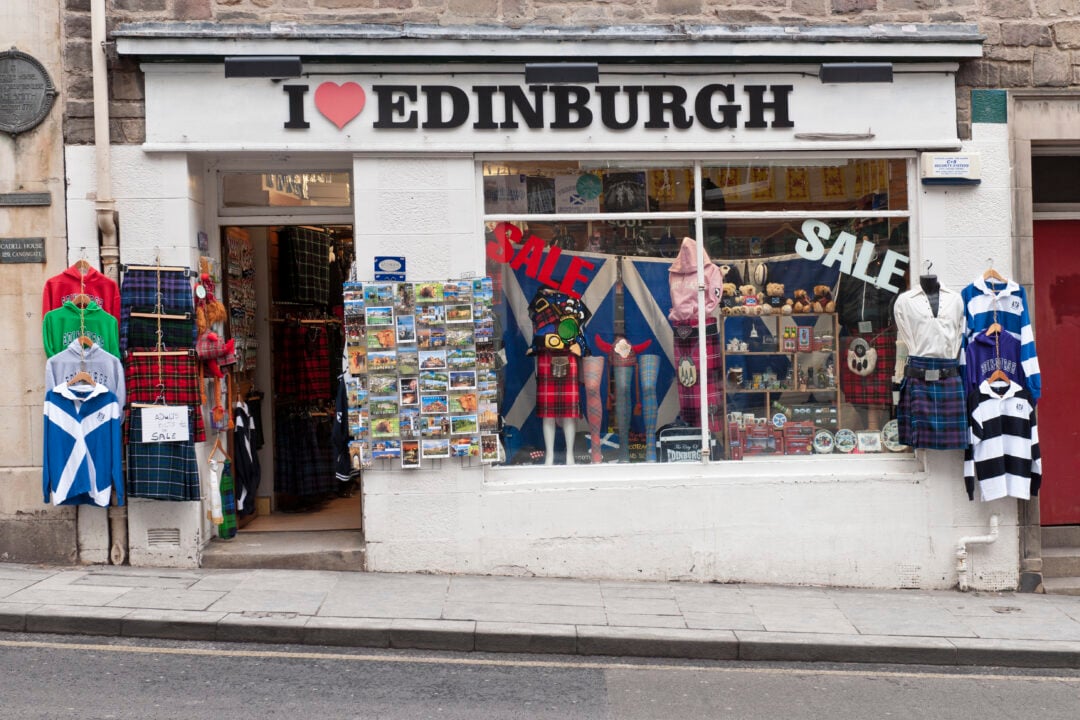 The shopfront of the 'I love Edinburgh' tourist shop on the Canongate.