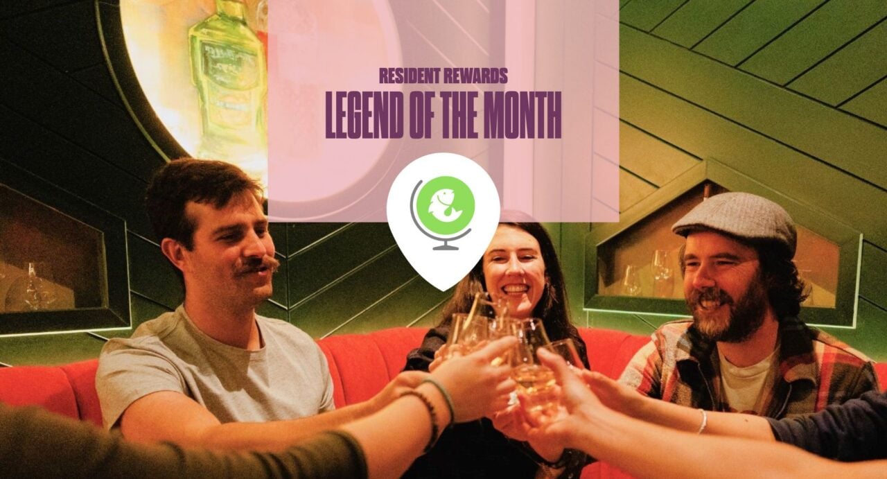 3 people sitting taking part in Whisky Tasting. On image is a pink box with words Legend of the month.