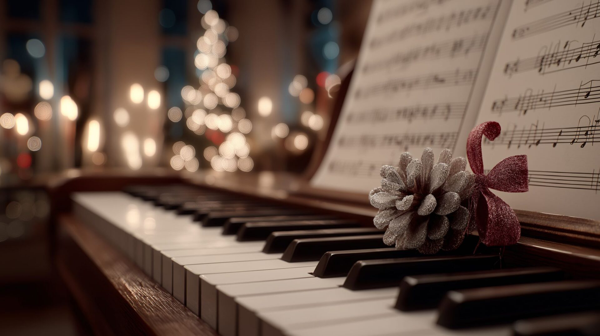 Close-up of a piano keyboard, with a sheet of music and a frosted pinecone.
