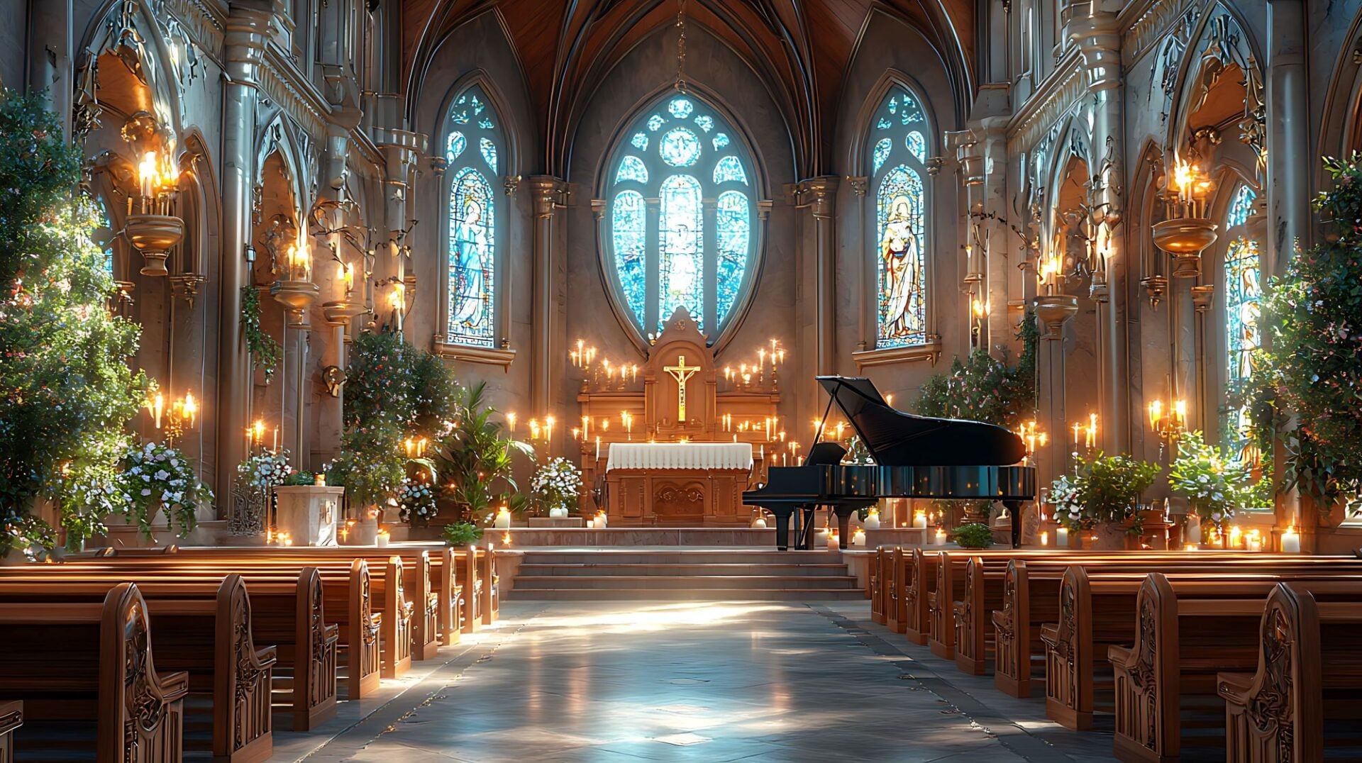 A candlelit church interior, with large stained glass windows.