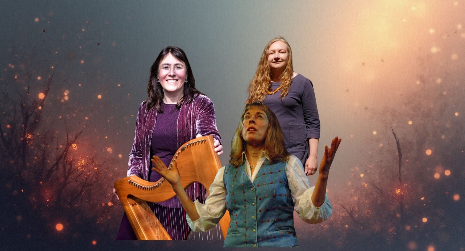 3 women standing against a sparkly background. One of them is holding a harp.