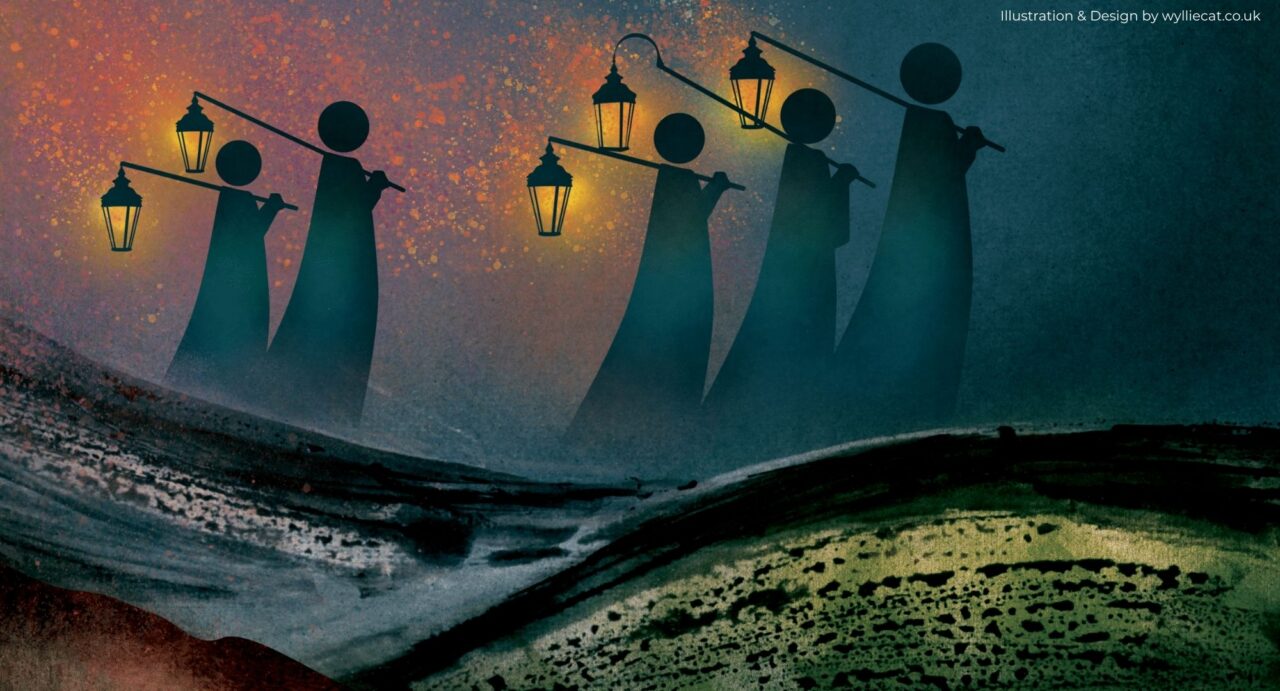 Drawn image of 5 silhouettes carrying lanterns.
