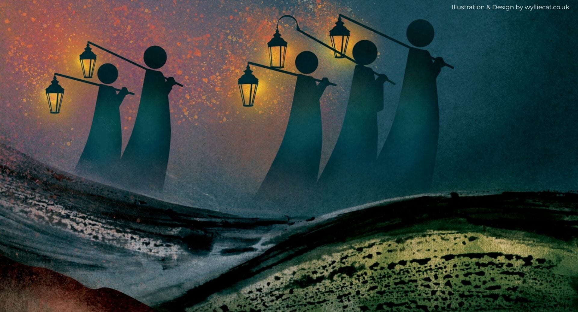Drawn image of 5 silhouettes carrying lanterns.