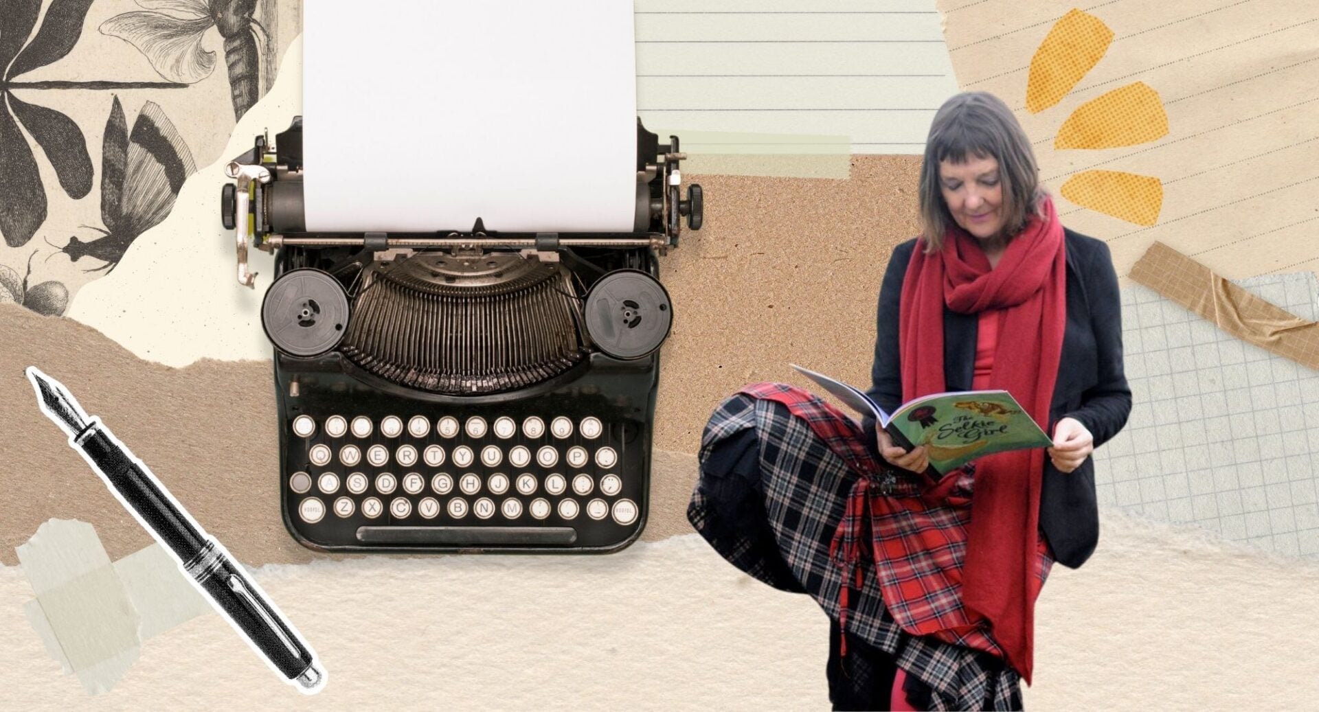 A collage image, featuring a typewriter, pen, paper, and a woman looking at a book.