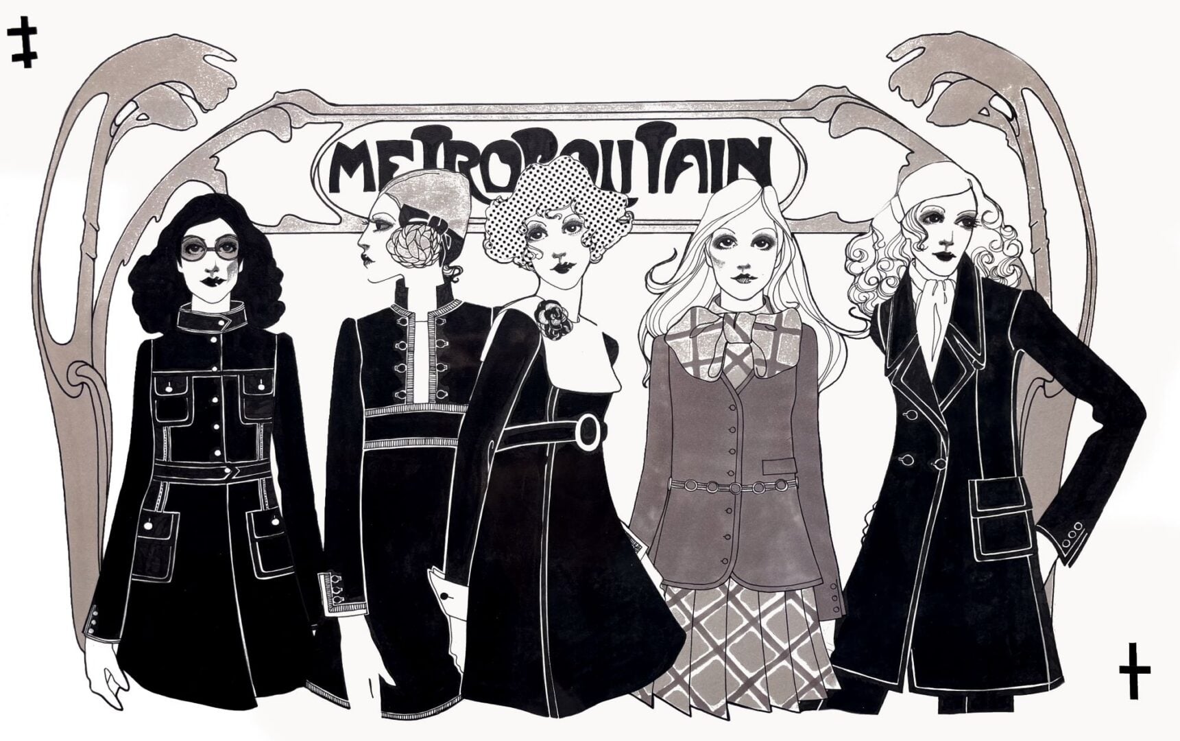 Black and white drawing of 5 women.