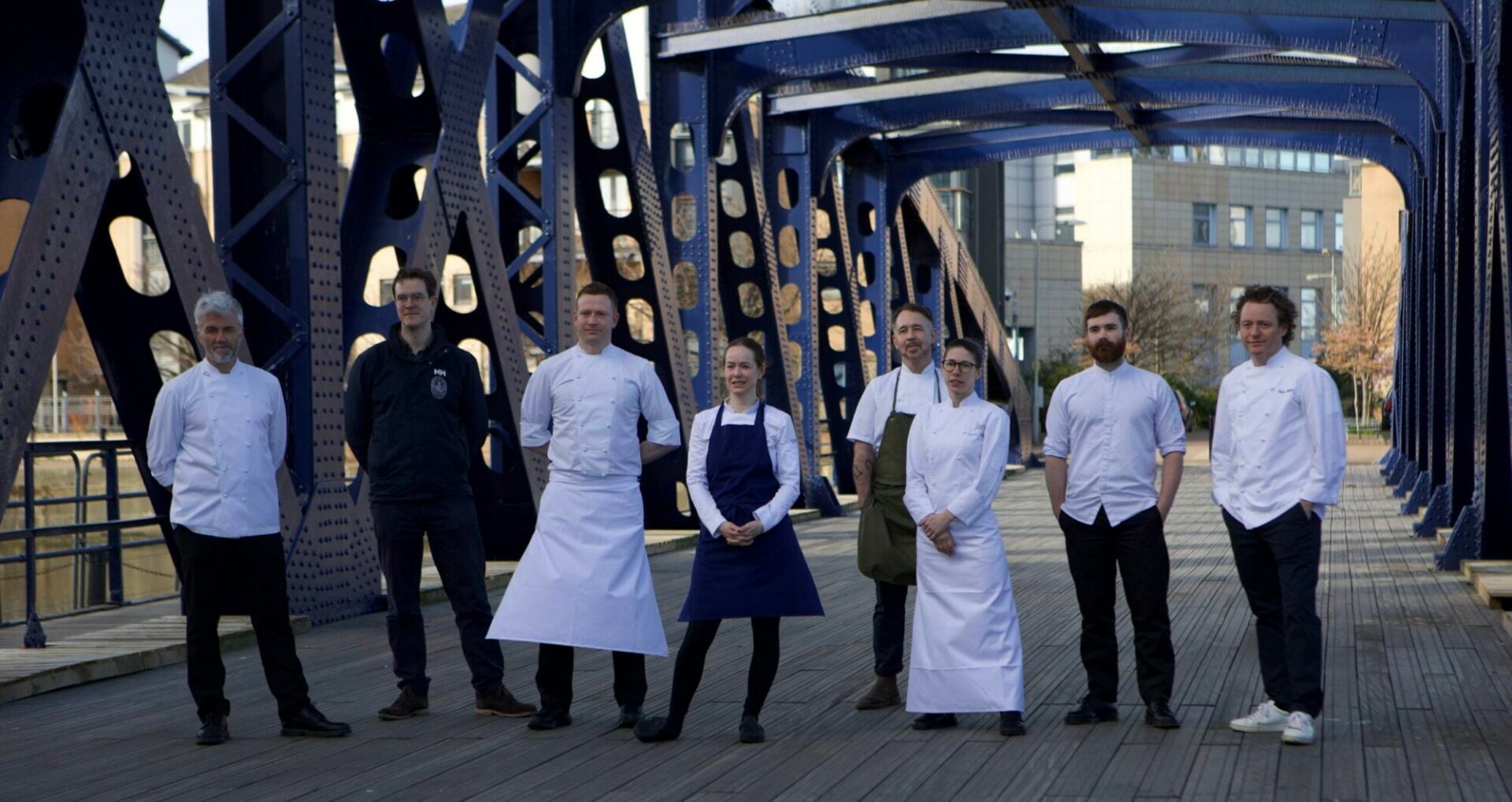Leith chefs - Tom Kitchin, Martin Wishart, Ian Stirling of Port of Leith, Barry Bryson of Barry Fish, Roberta Hall-McCarron of The Little Chartroom, Sam York of Heron, plus our own Mark Alston and Andrea Alonso-Sendon