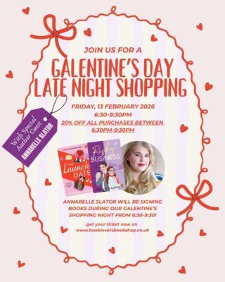 Poster promoting Book Lovers Bookshop Valentines late nitgh shopping event on 13th Feb 2026.