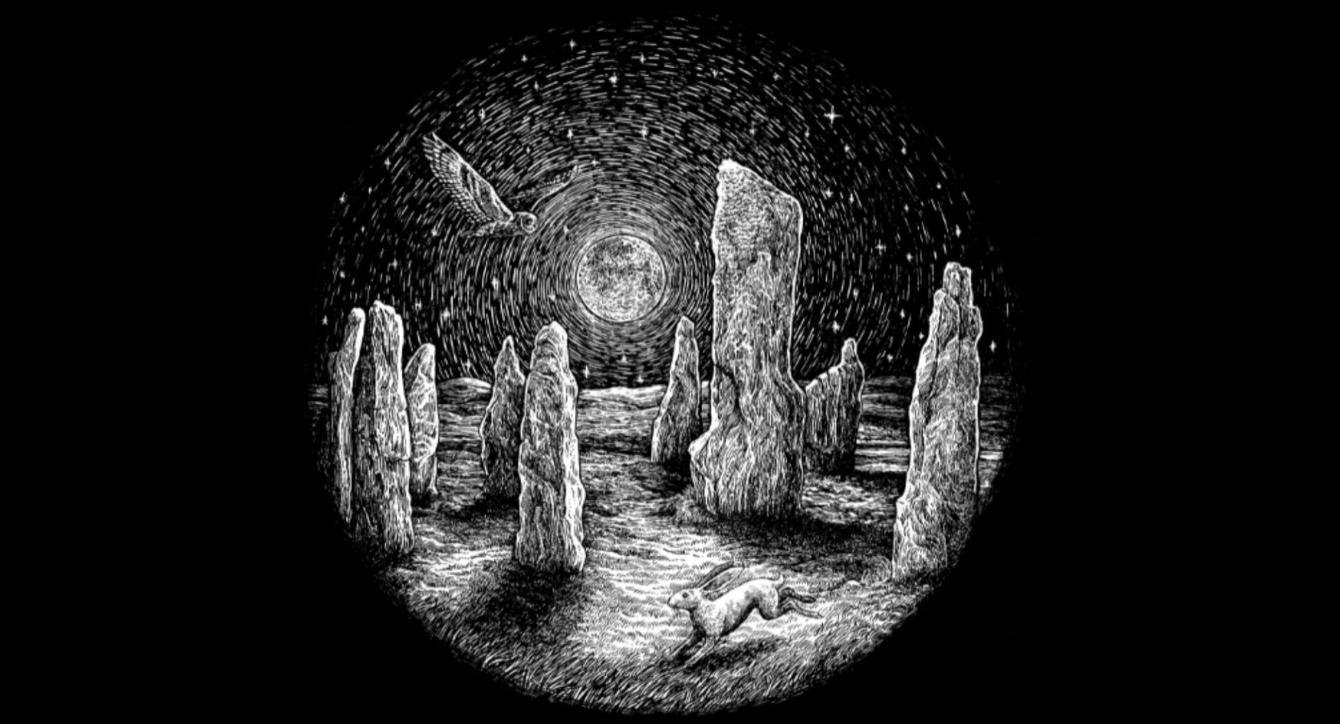 Black and white drawing of standing stones, against a night time sky.