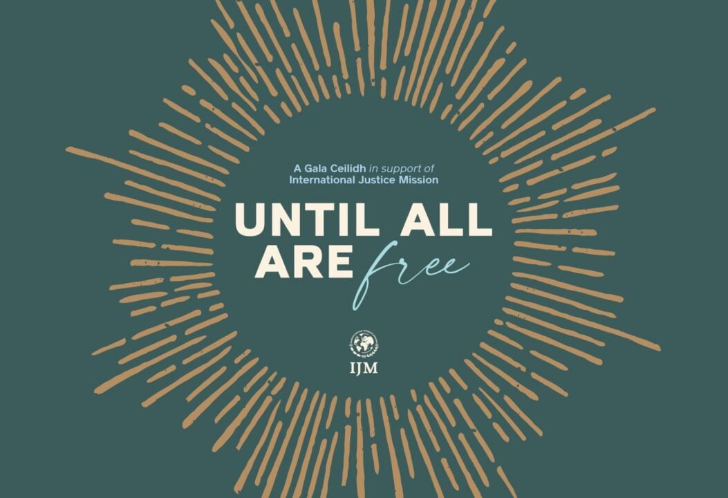 Poster image in green and gold advertising Until All Are Free: An IJM Ceilidh.