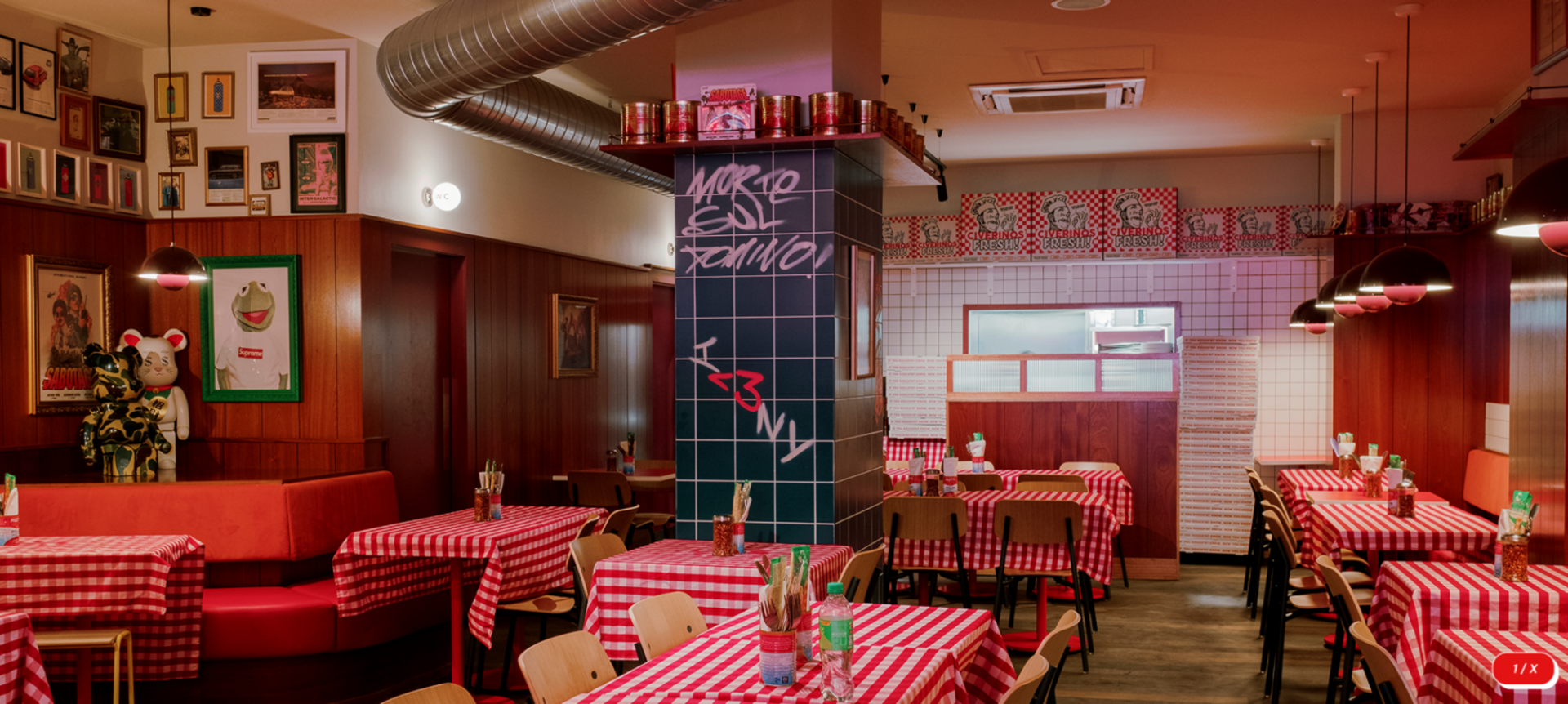 inside Civerinos Stockbridge resturant with table and chairs and red checked table cloths,© Civerinos 