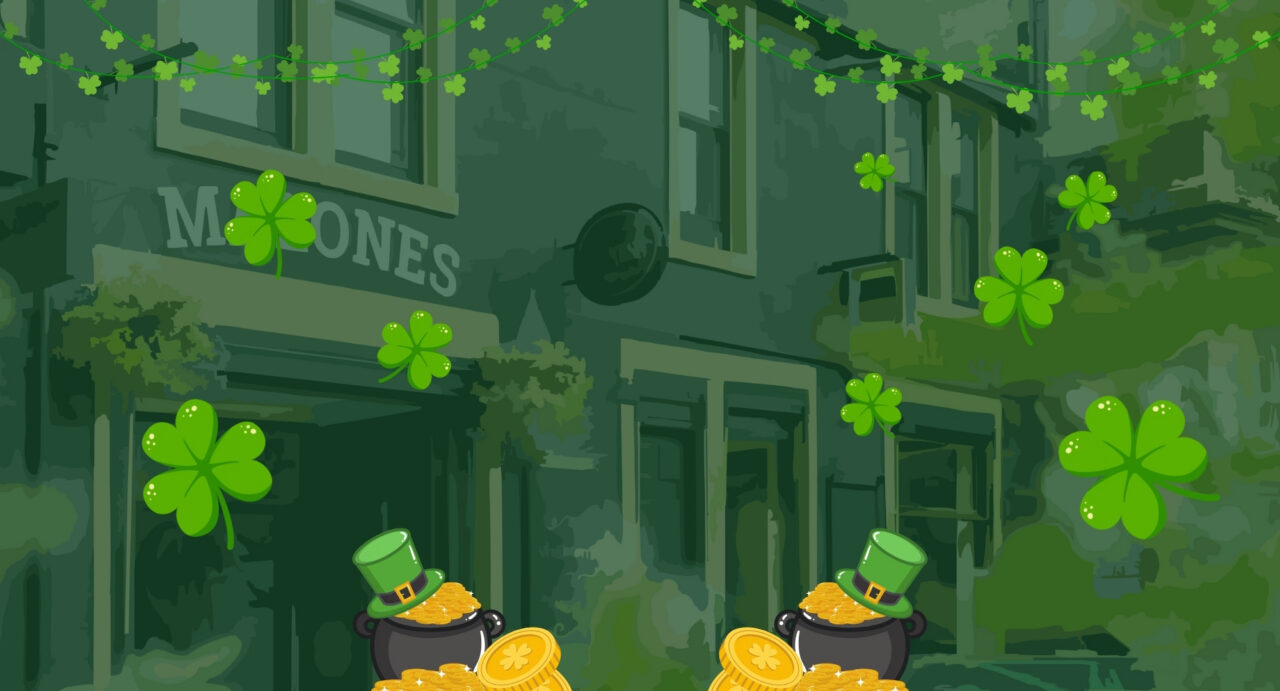 Cartoon image of exterior of building, covered in green shamrocks.