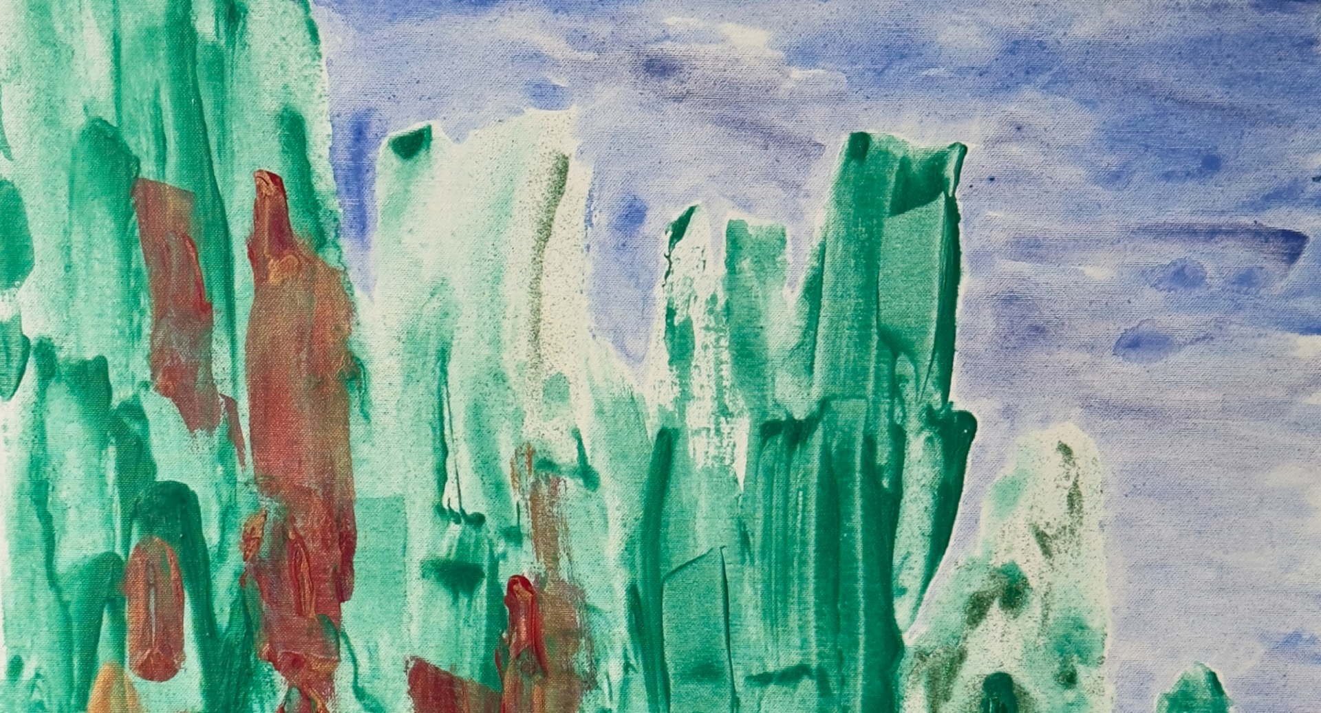 A painting of green and brown streaks against a blue sky background.