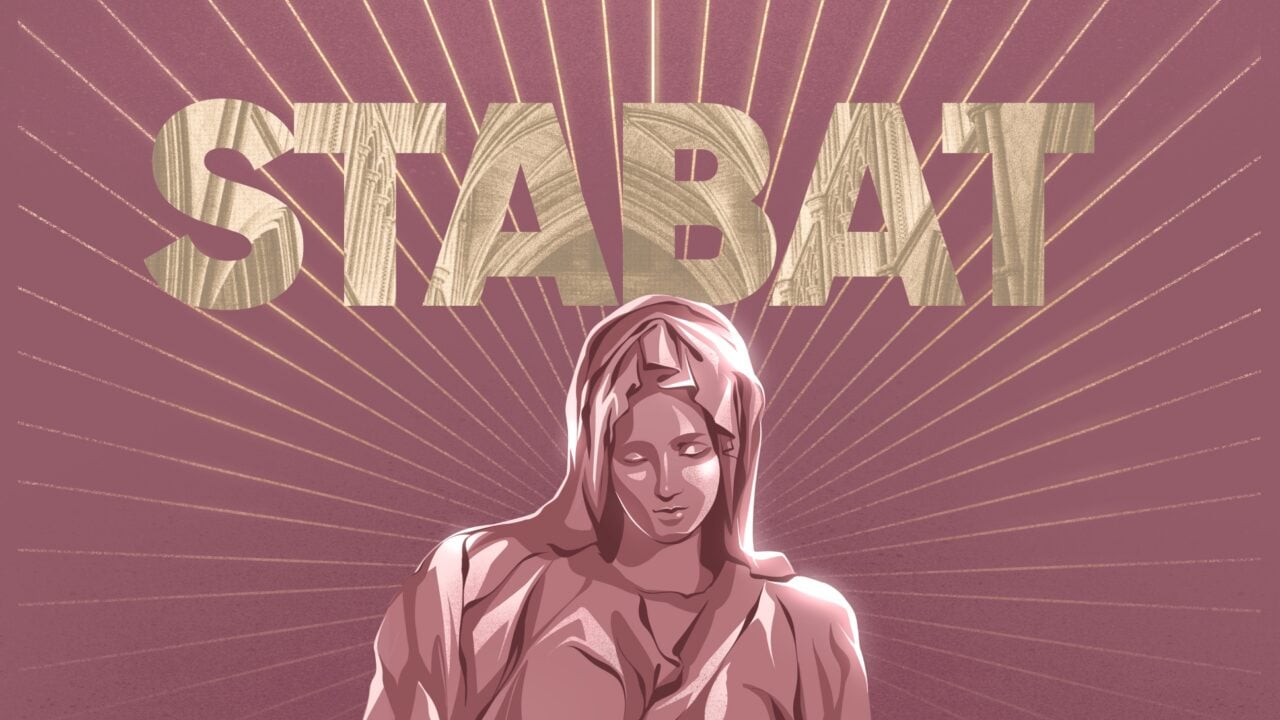 Poster image in shades of pink and gold, of Stabat Mater by Pergolesi.