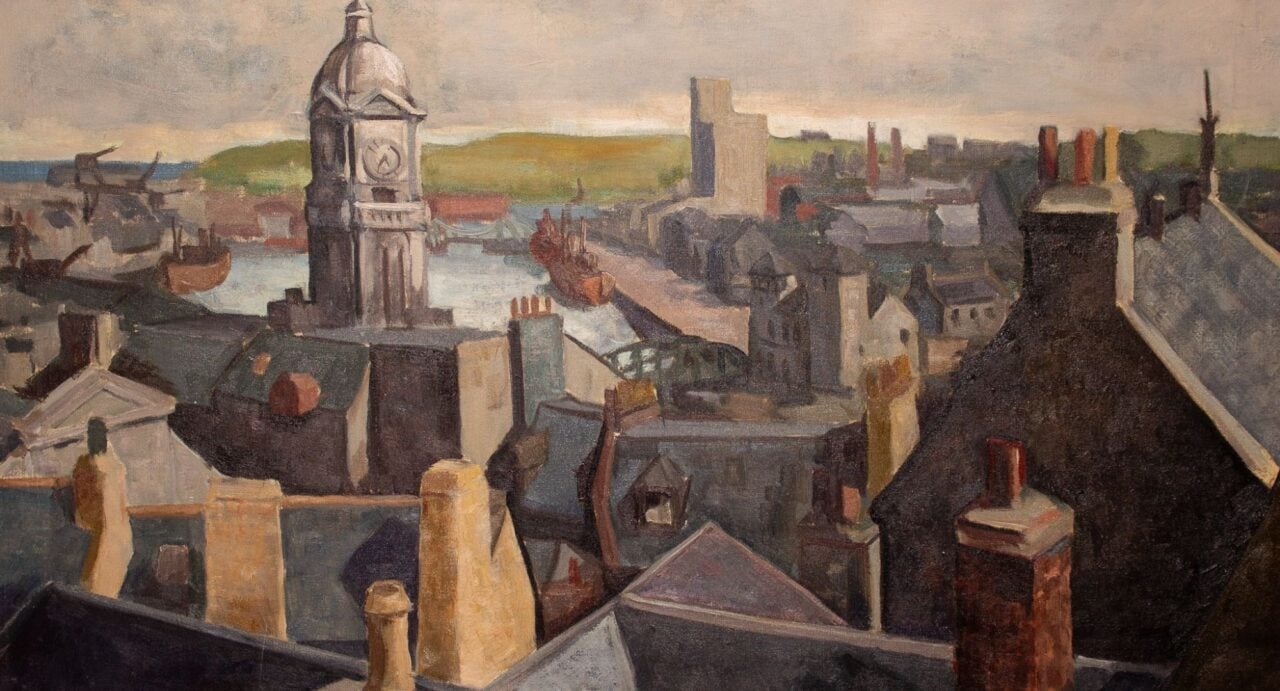 Painting of a city skyline.