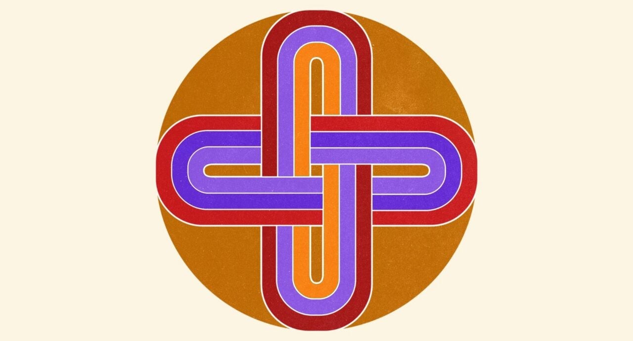Poster of a Celtic cross, in shades of orange, red, brown and purple.