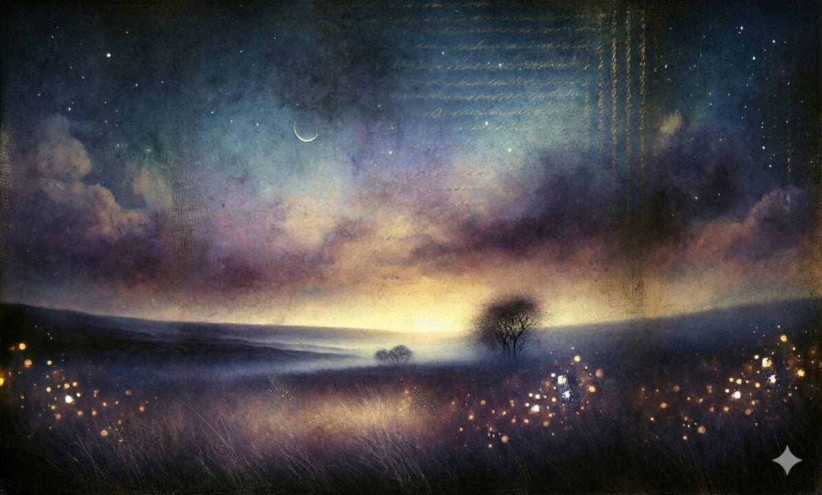 Painted image of a grassy field at night-time.