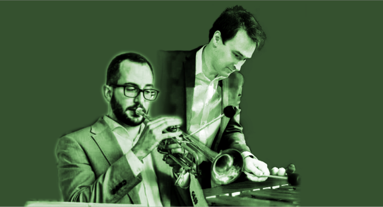 2 men - one playing a vibraphone, the other a trumpet.