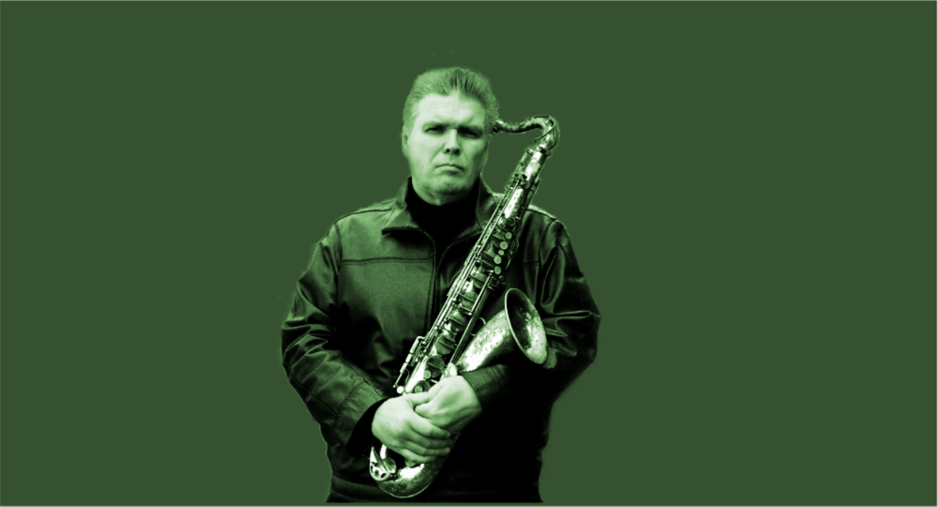 Image of a man wearing a leather jacket, holding a saxophone.