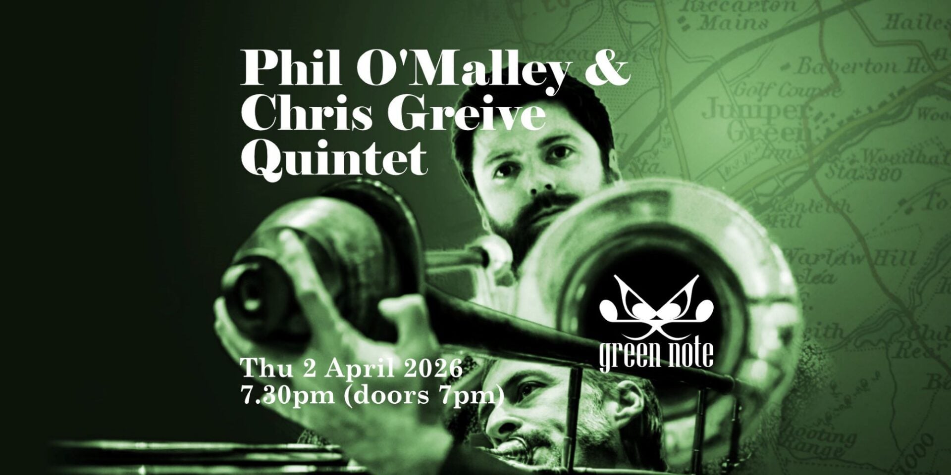Green and white poster image of 2 men, one of whom is playing a trombone.