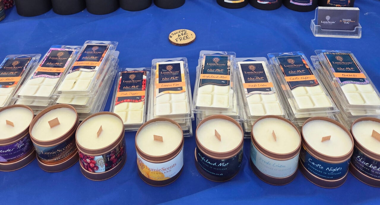 Display of candles on a table.